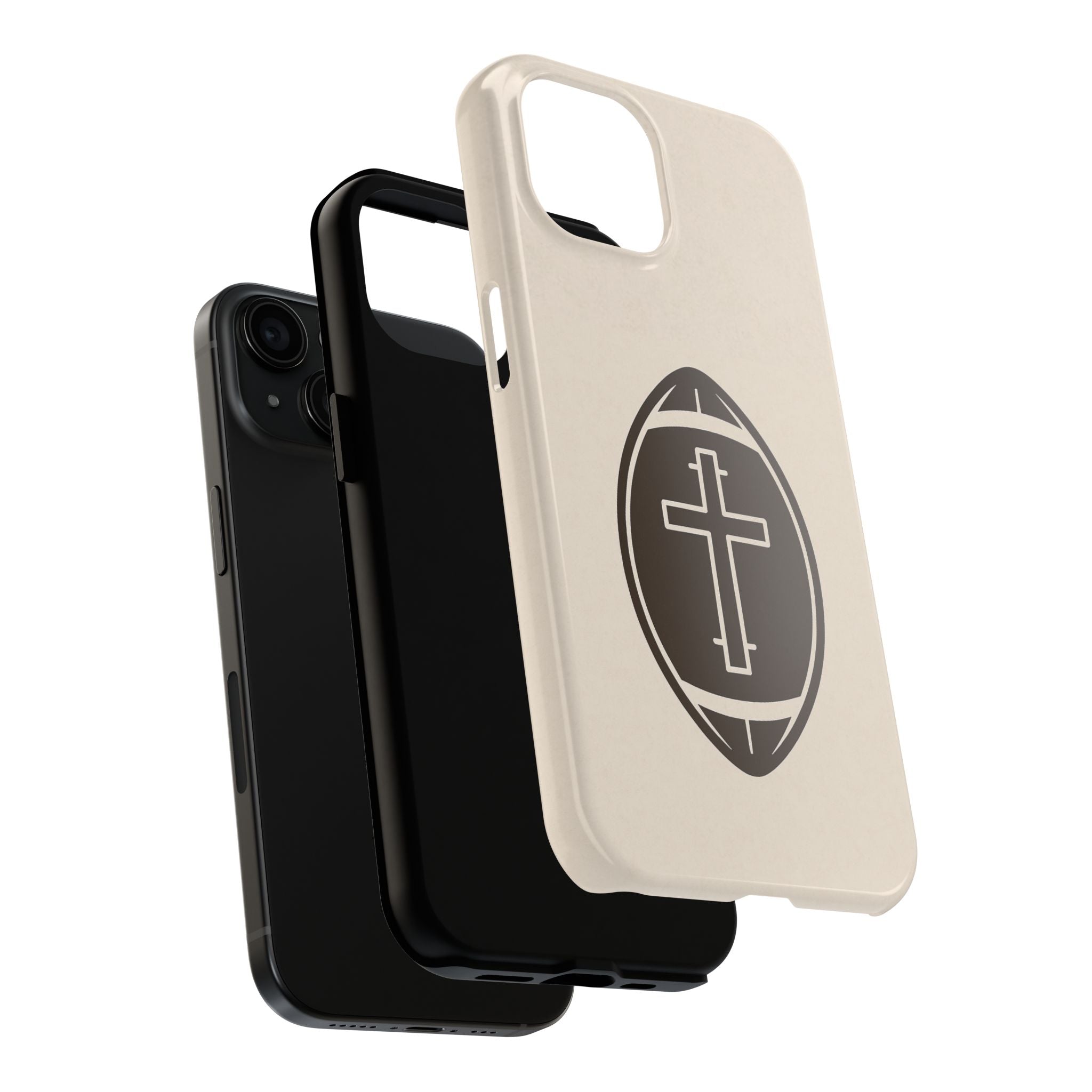 A sleek phone case that blends faith and football, featuring a bold cross centered inside a classic football emblem.