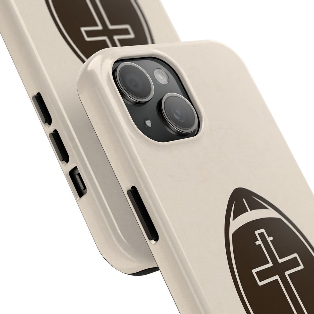 A sleek phone case that blends faith and football, featuring a bold cross centered inside a classic football emblem.