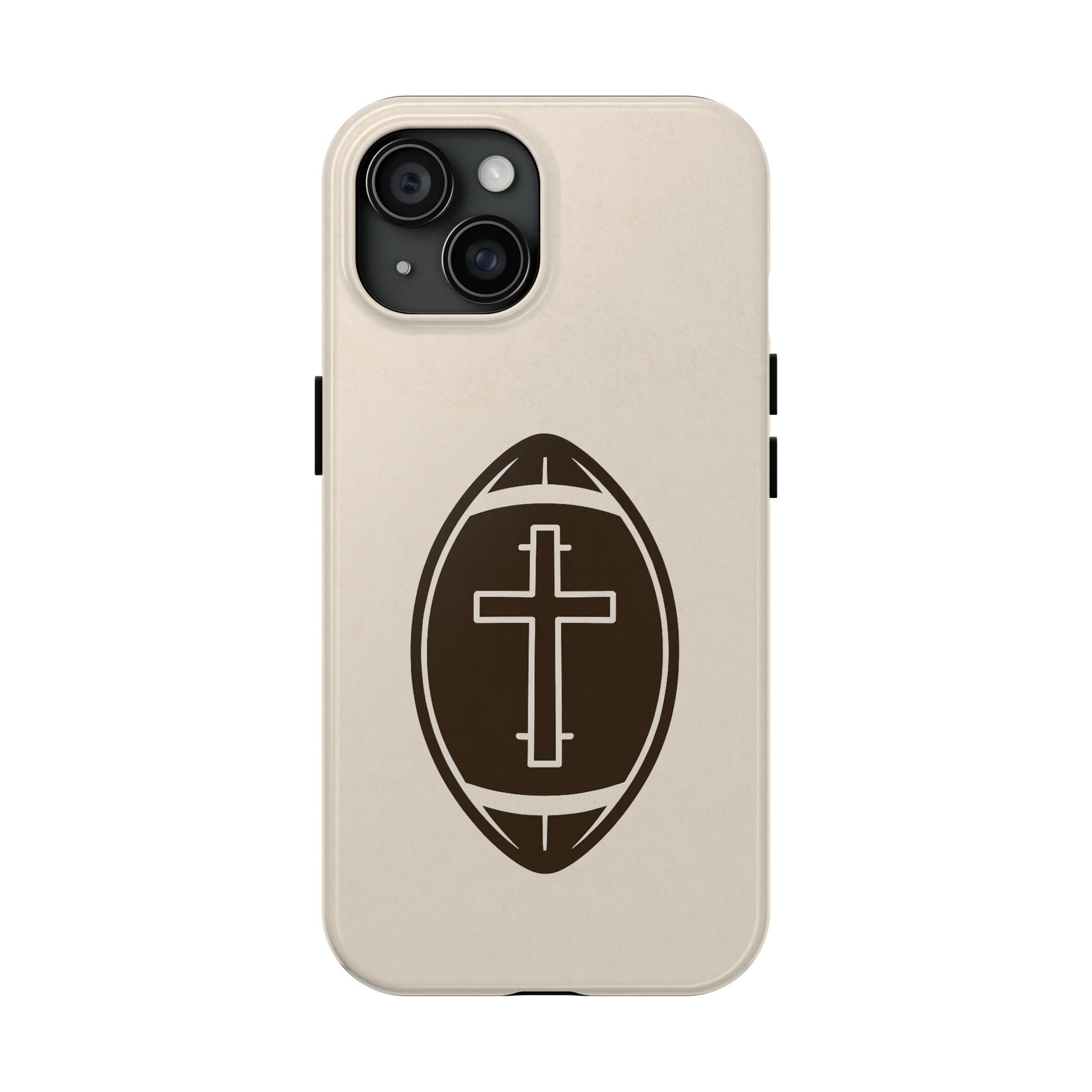 A sleek phone case that blends faith and football, featuring a bold cross centered inside a classic football emblem.