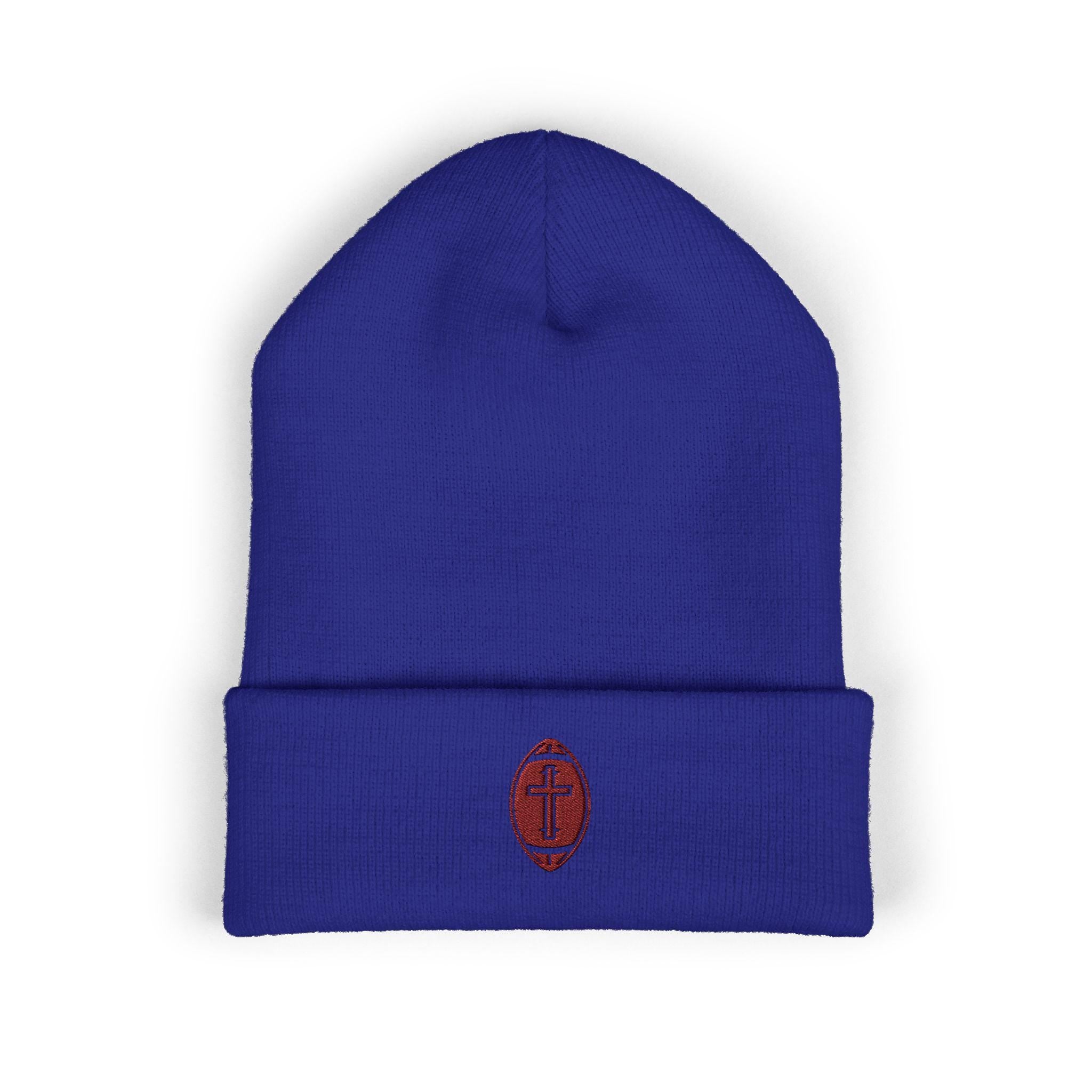 Classic Cuffed Beanie with football + cross design (Embroidery)