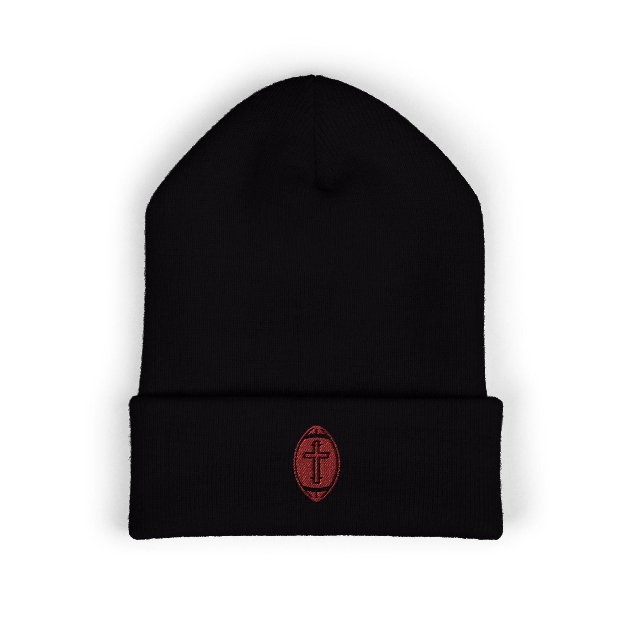 Classic Cuffed Beanie with football + cross design (Embroidery)