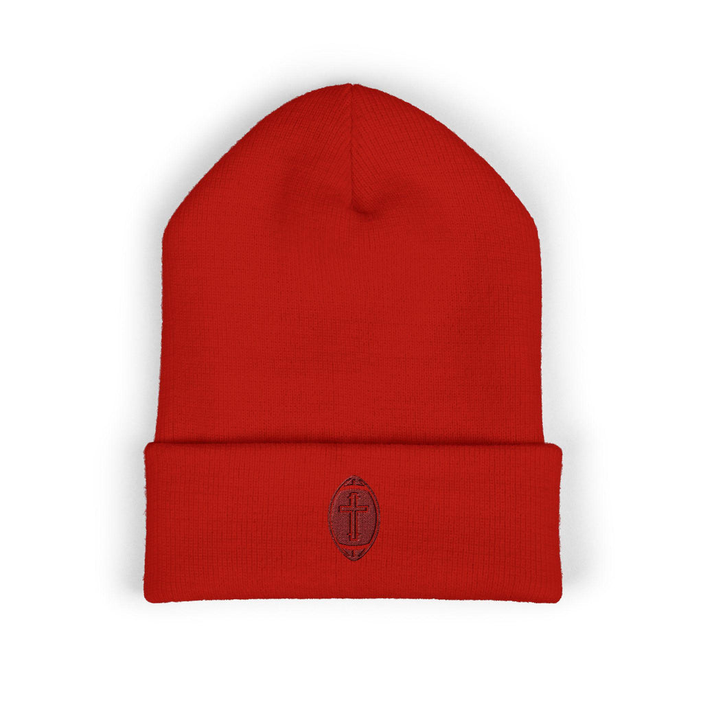 Classic Cuffed Beanie with football + cross design (Embroidery)