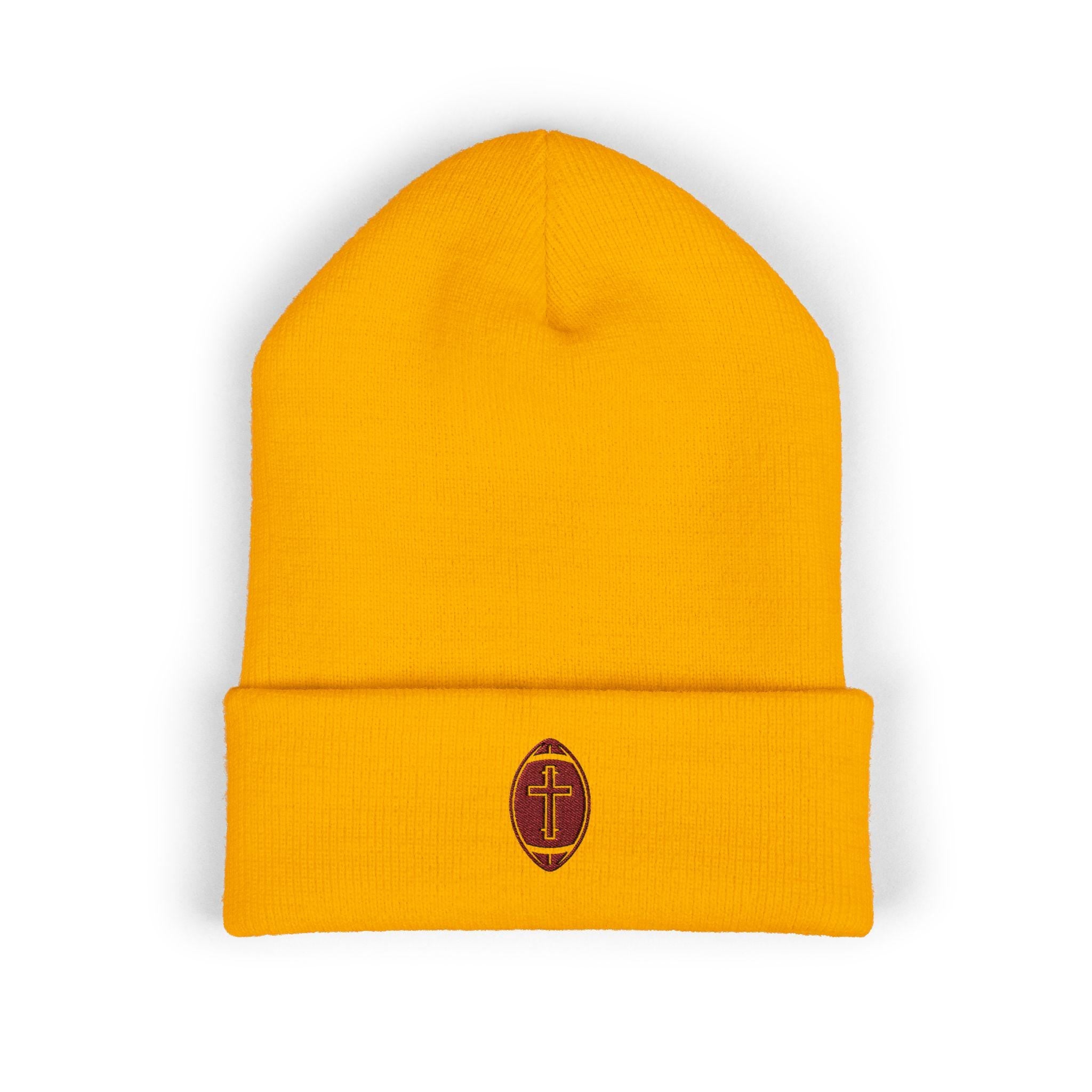 Classic Cuffed Beanie with football + cross design (Embroidery)
