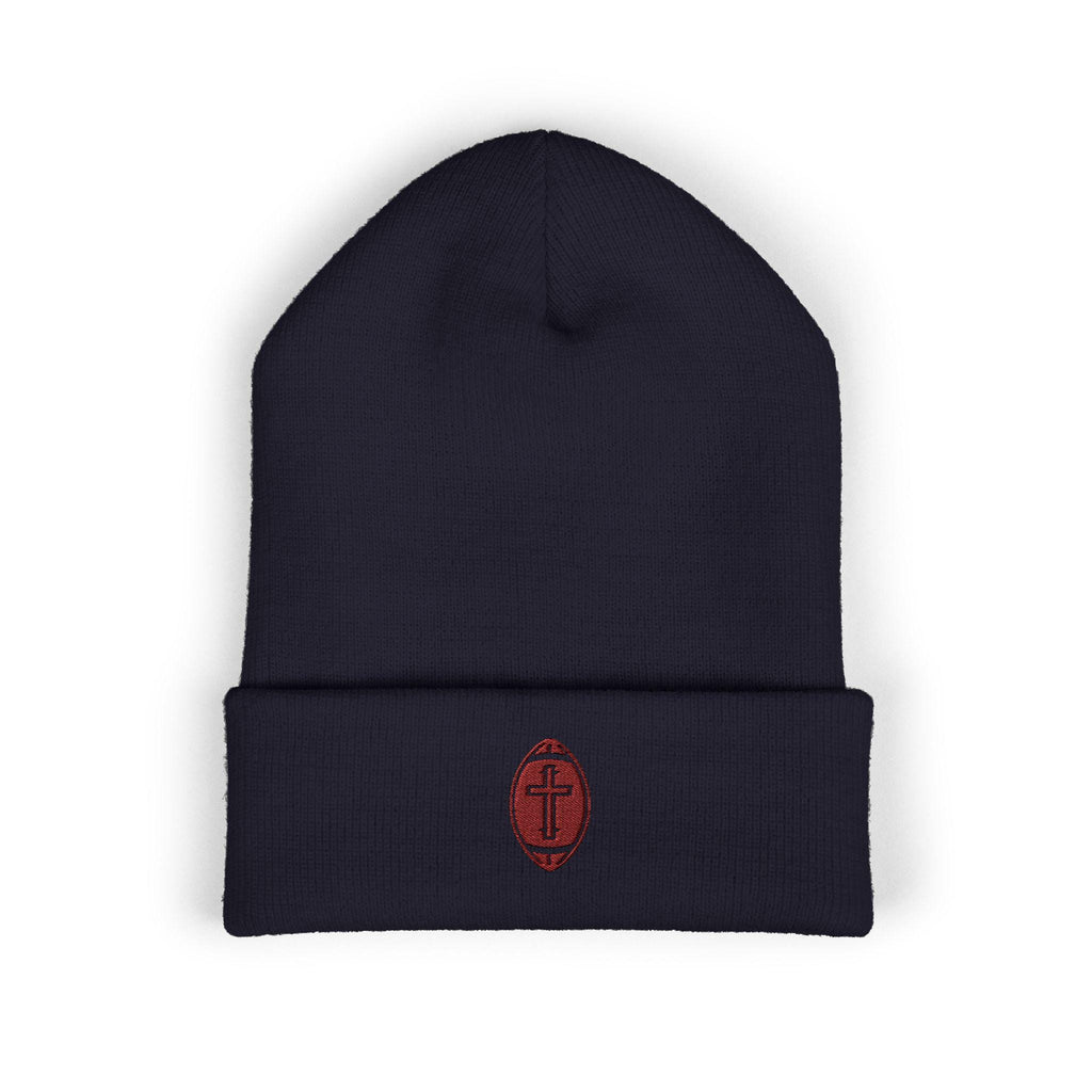 Classic Cuffed Beanie with football + cross design (Embroidery)