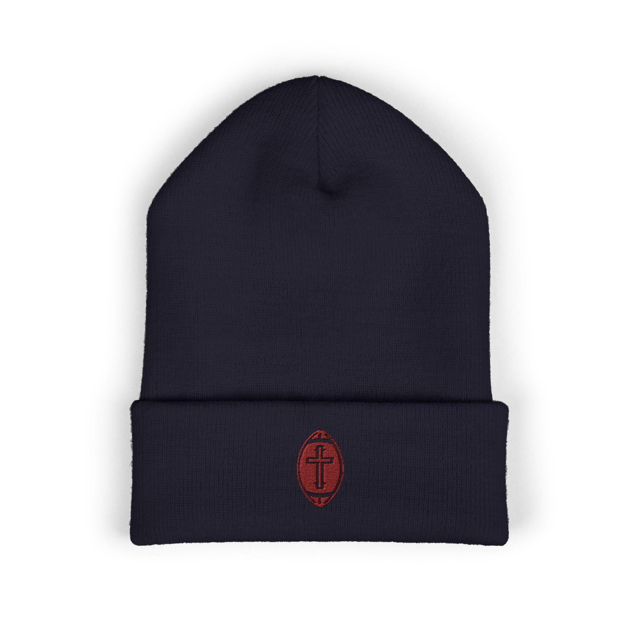 Classic Cuffed Beanie with football + cross design (Embroidery)